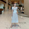 Lacey Square Neck Puff Sleeves Long Dress